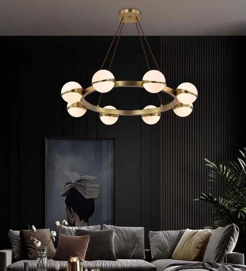 Modern Gold Ring Chandelier with Frosted Glass Spheres