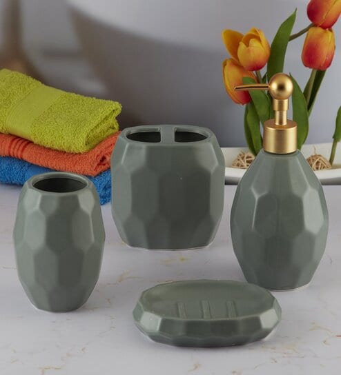 Modern Green Ceramic Set of 4 Bath Accessories Set 
