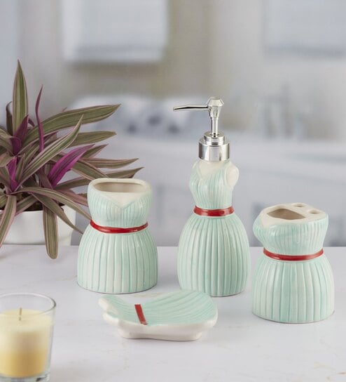 Modern Green Ceramic Set of 4 Bath Accessories Set 