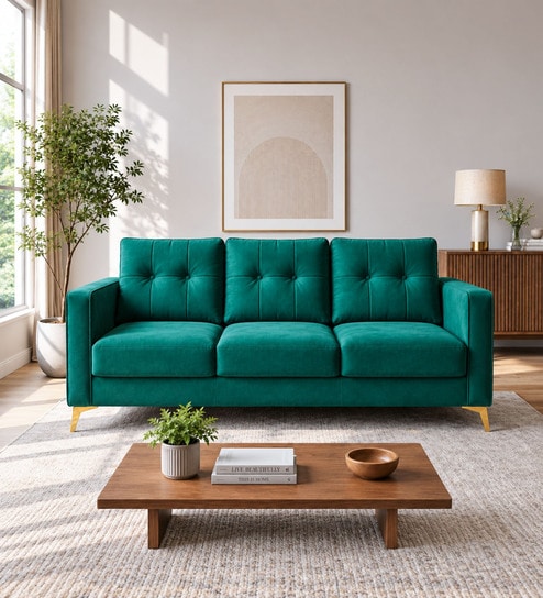 Modern Tufted 3 Seater Sofa In Green Colour With Golden Legs Finish