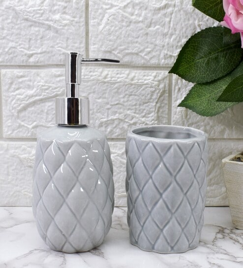 Modern Grey Ceramic Set of 2 Bath Accessories Set 