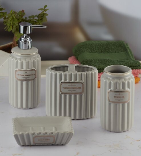 Modern Grey Ceramic Set of 4 Bath Accessories Set 