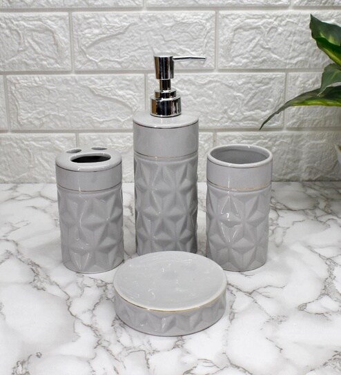 Modern Grey Ceramic Set of 4 Bath Accessories Set 