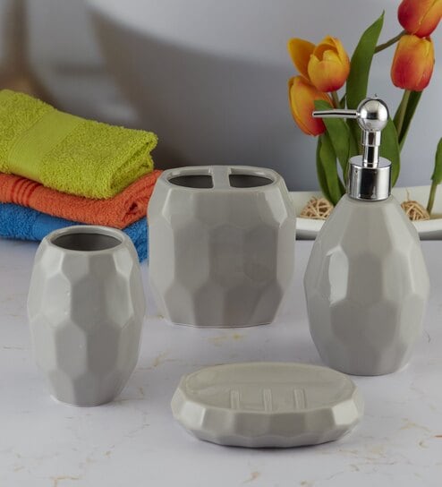 Modern Grey Ceramic Set of 4 Bath Accessories Set 
