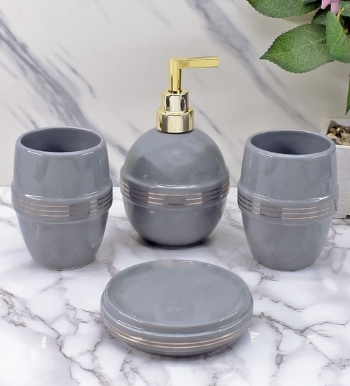 Modern Grey Ceramic Set of 4 Bath Accessories Set 