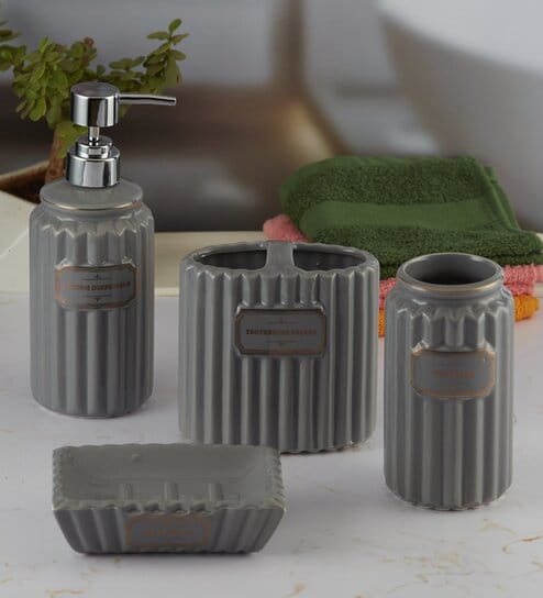 Modern Grey Ceramic Set of 4 Bath Accessories Set 