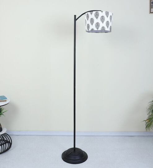 Modern Lamppost Style Black Iron Base Floor Lamps Big Leaf Print Satin Shade