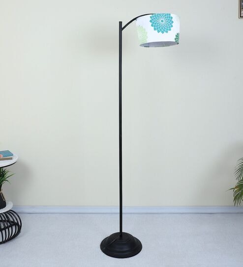 Modern Lamppost Style Black Iron Base Floor Lamps Dahlia Floral Print Satin Shade