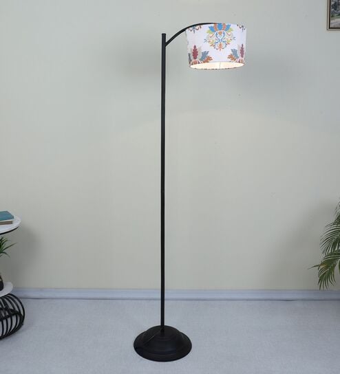 Modern Lamppost Style Black Iron Base Floor Lamps Dahlia Floral Print Satin Shade For Bedroom, Living Room, Lounge, Office Area, Gift Without Bulb For Home Decoration