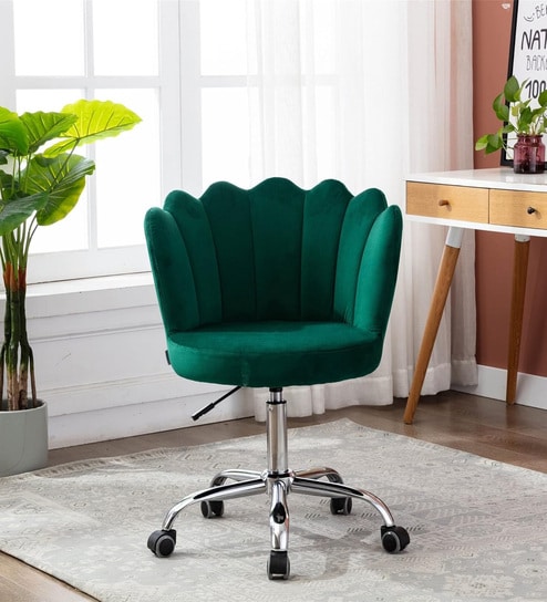Modern Leisure Velvet Upholstered Shell Ergonomic Mid-Back Adjustable Swivel Chair  In Green Color
