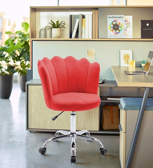 Modern Leisure Velvet Upholstered Shell Ergonomic Mid-Back Adjustable Swivel Chair In Red Color