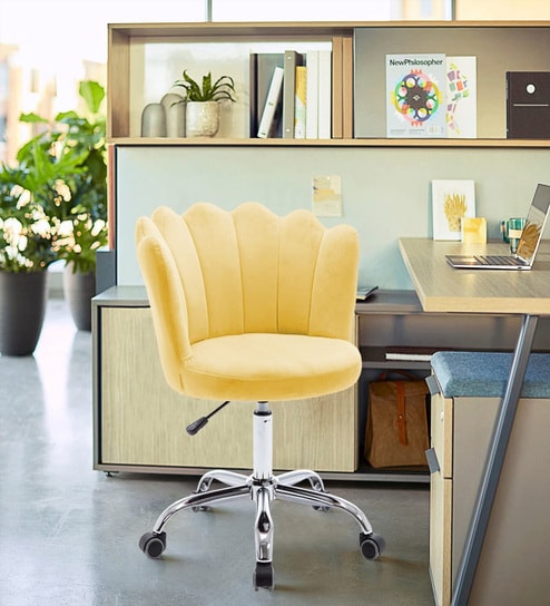 Modern Leisure Velvet Upholstered Shell Ergonomic Mid-Back Adjustable Swivel Chair In Yellow Color