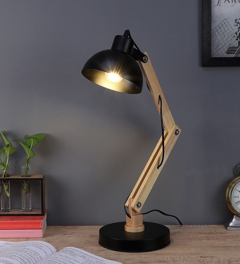 Modern Nordic Wood & Metal Study Lamp With Black Base