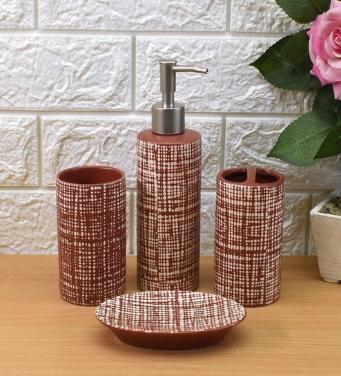 Modern Orange Ceramic Set of 4 Bath Accessories Set 