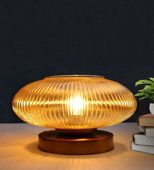 Modern Ribbed Amber Kachori Glass Table Lamp