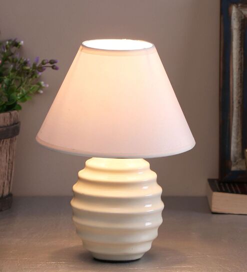 Modern Ribbed Small Ceramic Night Table Lamp with White Fabric Shade