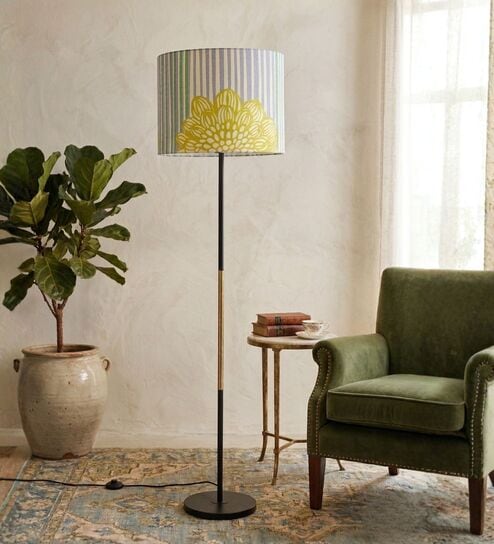 Modern Slim Black Metal Floor Lamp for Living Room & Bedroom with Printed Fabric Lampshade in Blue/Green Color
