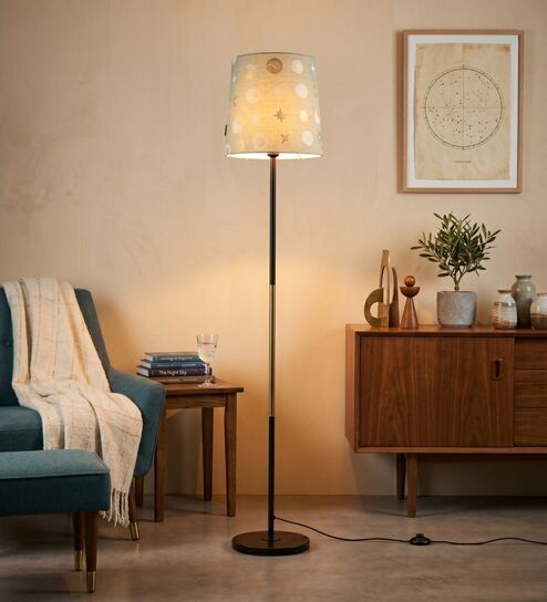 Modern Slim Black Metal Floor Lamp for Living Room & Bedroom with Printed Fabric Lampshade in Gold/Grey Color
