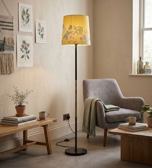 Modern Slim Black Metal Floor Lamp for Living Room & Bedroom with Printed Fabric Lampshade in Yellow Color