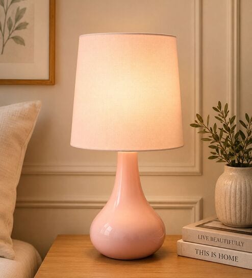 Modern Small Ceramic Night Table Lamp with Pink Fabric Shade
