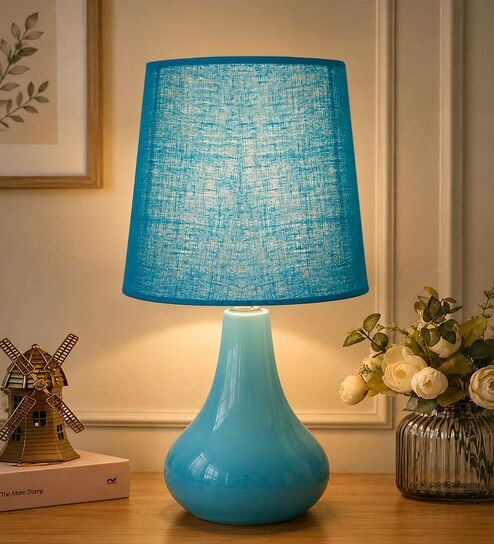 Modern Small Ceramic Night Table Lamp with Turquoise Fabric Shade
