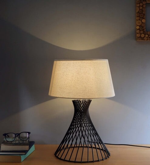 Spiral Metal Wire Black Base with Beige Fabric Shade Modern Table Lamps