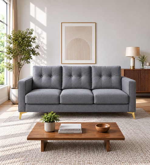 Modern Tufted 3 Seater Sofa In Grey Colour With Golden Legs Finish