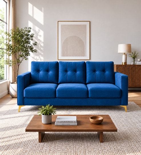 Modern Tufted Blue Colour 3 Seater Sofa With Golden Legs Finish
