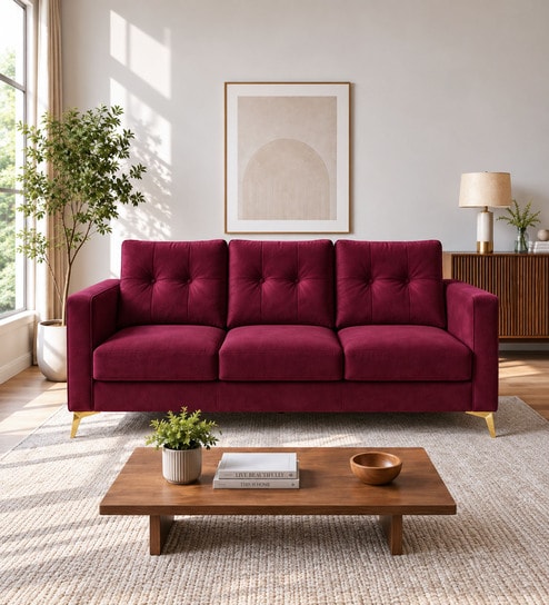 Modern Tufted Maroon Colour 3 Seater Sofa With Golden Legs Finish
