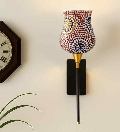 Modern Wall Lamp with Handmade Mosaic Glass Shade & Metal Base   Suitable for Bedroom, Living Room & Dining Room