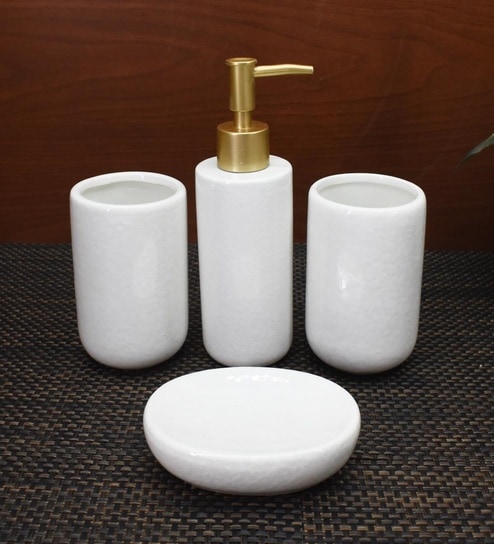 Modern White Ceramic Set of 4 Bath Accessories Set 