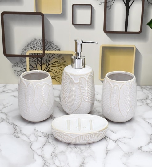 Modern White Ceramic Set of 4 Bath Accessories Set 