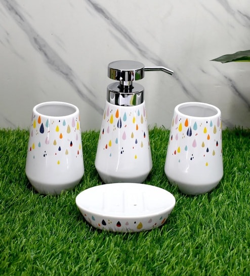 Modern White Ceramic Set of 4 Bath Accessories Set 