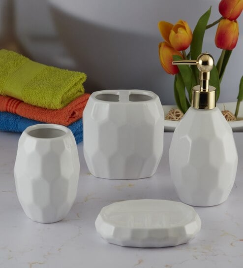 Modern White Ceramic Set of 4 Bath Accessories Set 