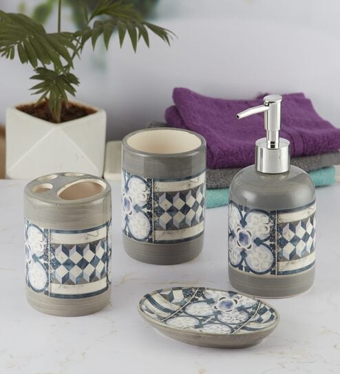 Modern White Ceramic Set of 4 Bath Accessories Set 