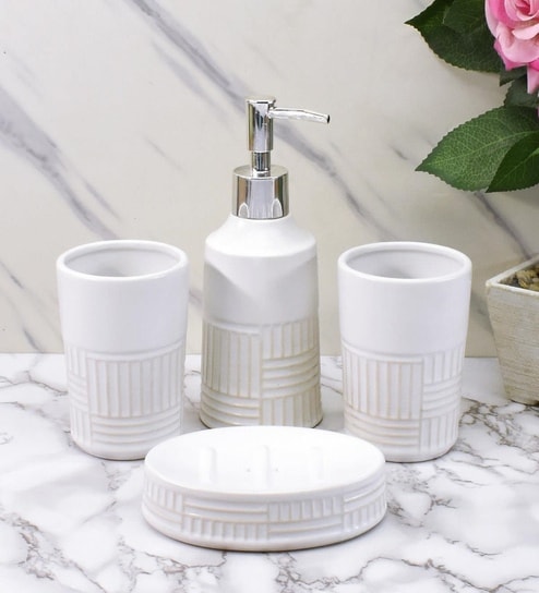 Modern White Ceramic Set of 4 Bath Accessories Set 