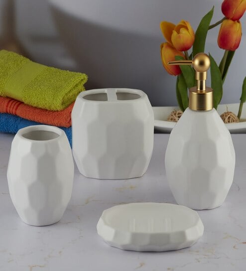 Modern White Ceramic Set of 4 Bath Accessories Set 