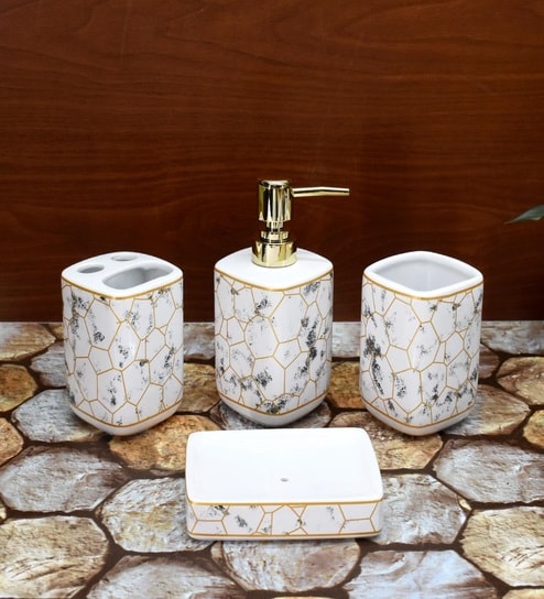 Modern White Ceramic Set of 4 Bath Accessories Set 