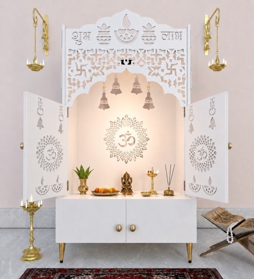 Modern White Wooden Floor Pooja Mandir with Doors Laser-Cut Om & Diya Design with Storage Cabinet