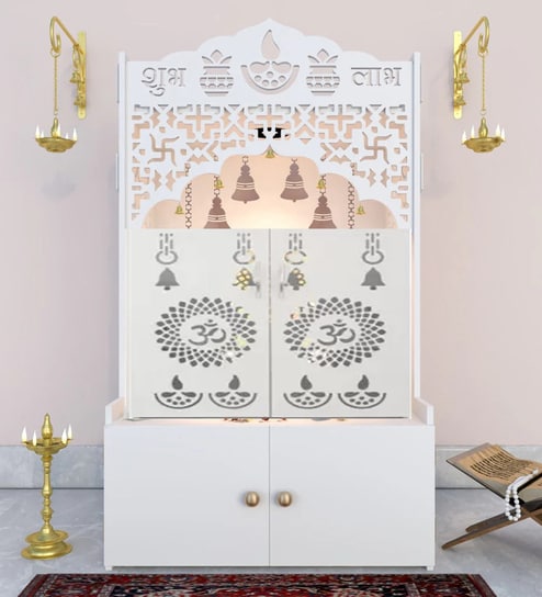 Modern White Wooden Floor Pooja Mandir with Doors Laser-Cut Om & Diya Design with Storage Cabinet