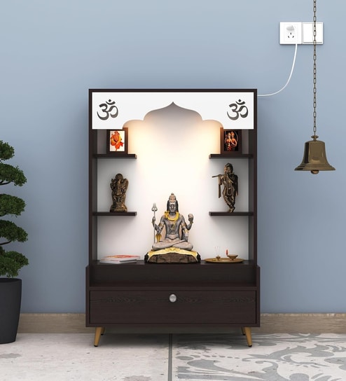 Modern Wooden Floor Pooja Mandir in Dark Finish with Open Shelves Om Engraving & Pull-Out Storage Drawer
