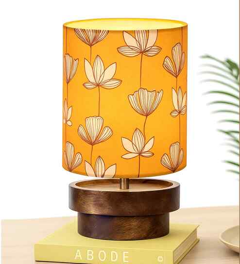 Modern Zen Wooden Lampshade Nightstand Lamp with Antique Base, Concentric Design, Hibiscus Shade