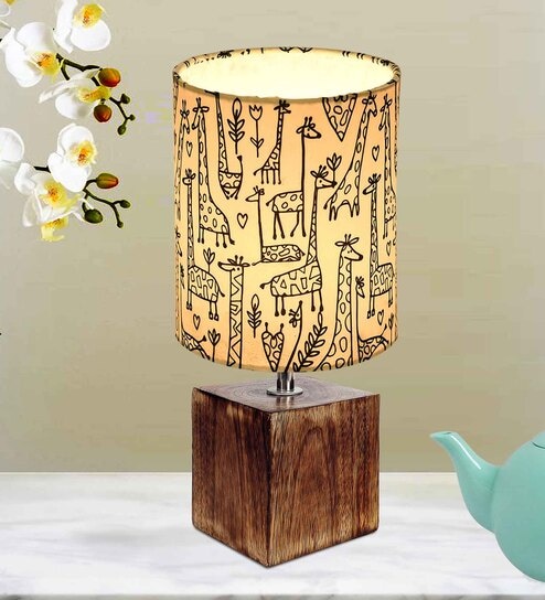 Modern Zen Wooden Lampshade Nightstand Lamp with Antique Base, Cube Design, Savanna Shade