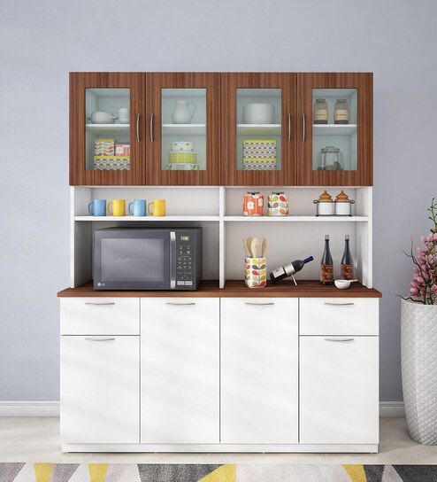 Modish Crockery Unit in Frosty White & Walnut Finish