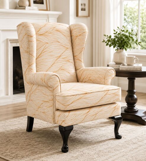 Modvyn Teak Wood WIng Chair With Suede Fabric In Neutral Beige