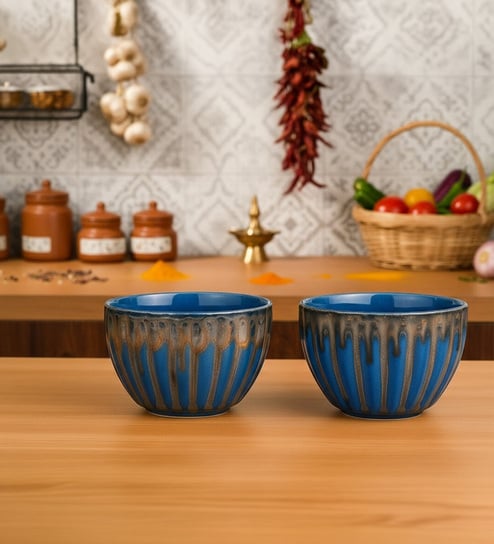 Molten Blue Ceramic Bowl Set of 2(275ml Each)