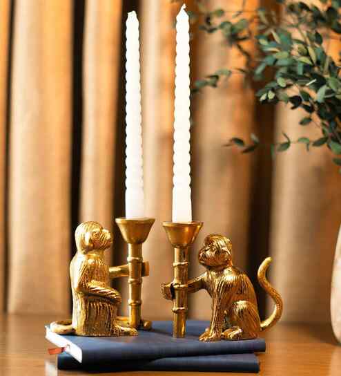 Monkey Mischief Metal Candle Holder (Set of 2, Gold)