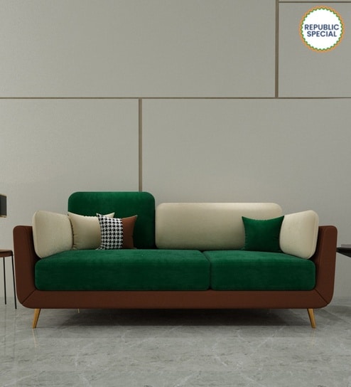 Montez Velvet 3 Seater Sofa in Green & Beige Colour