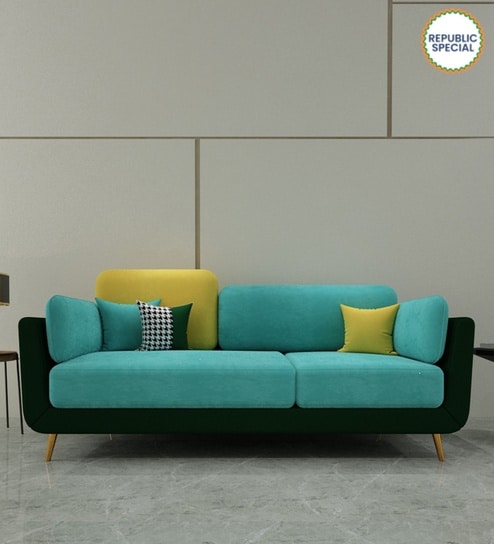 Montez Velvet 3 Seater Sofa in Turquoise & Green Colour