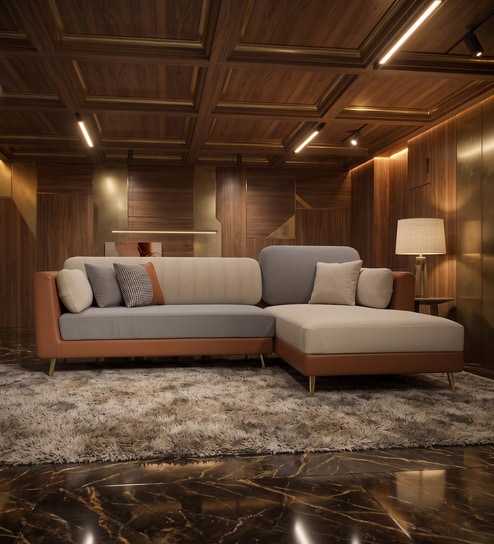 Montez Velvet LHS Sectional Sofa (2 + Lounger) in Brown & Beige Colour
